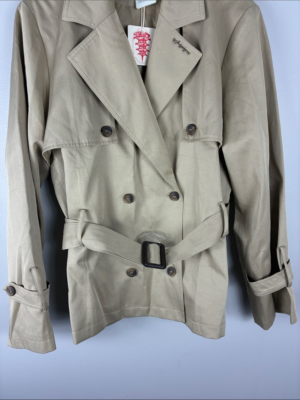 Women’s Kahaki Short Trench Coat Jacket w Belt Luxury Preppy Casual Outdoors NEW - Picture 3 of 11